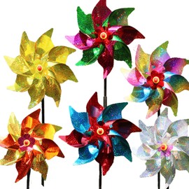 6 Pack Sparkly Colorful Pinwheels, Sparkly Reflective Wind Spinner for Yard and Garden with Stakes, Decor Windmill to Scare Birds Away for Garden Lawn and Patio