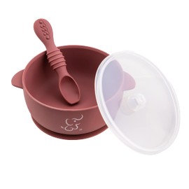 PAPU BABY Plato Hondo/Bowl/Tazón Grande con Tapa y Cuchara de Silicón 100% grado alimenticio con base de succión. Libre de BPA (Magenta)