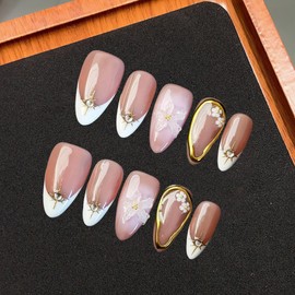 White French Tip Press on Nails Short Almond Fake Nails Handmade Press on Nails Flower False Nails Golden Embossed Designs Full Cover Muti-Layer Gel Stick on Nails Acrylic Nails for Women (Size M)