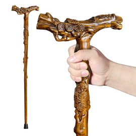 ispuoocti Wooden Walking Cane, Hand-Carved Wood Walking Cane for Men and Women, with Massage Function Support up to 500lbs, High-end Canes for Seniors Suitable for Gift Giving (Tree Branches)