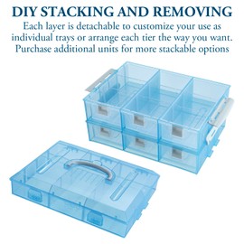 MyGift 11 Inch Sky Blue Transparent Arts and Crafts Sewing Supplies Storage Organizer Case with White Accents, 24 Customizable Compartments, 6 Drawers Removable Dividers