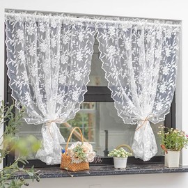 Yaland White Lace Floral Embroidery Curtain Voile Country House Style Short Curtain Translucent Decorative Curtain with Rod Pull 1 Piece H x W 100 x 130 cm
