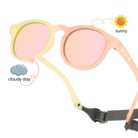 HECCEI Baby Sunglasses with Strap - UV Protection Pebble ColorShift Sunglasses, Polarized, Bendable, For Newborns 0-24 Months (Yellow (PinkMirrored))