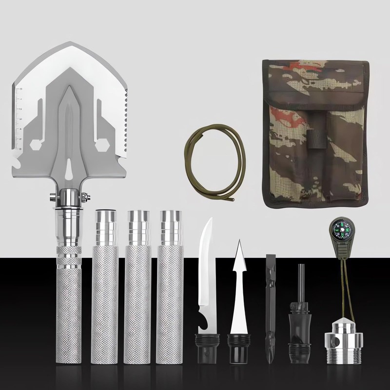 Military Style Folding Shovel, Multi-Function Camping Spade with Compass, Silver