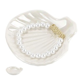 PEUTIER Shell Ring Holder Dish, 4.21x3.93in Aesthetic Ceramic Jewelry Tray Seashell Trinket Plate Bowl for Earrings Necklaces Keys (Pearl White)
