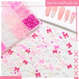 RODAKY Pink Assorted Nail Charms Set Multiple Style Nail Bows White Flatback Pearl Beads 3D Mini Blossom Flower 24 Grids Nail Decoration Kit Cute Bowknot Cham Accessories