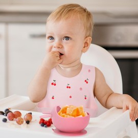 ZHIYUEYEYP Baby Girl Silicone Bib with Pink Cherry,Baby Bowl with Suction and Feeding Spoon, Baby Weaning Supplies - Complete Meal Kit for 6+ Months,Pink Cherry
