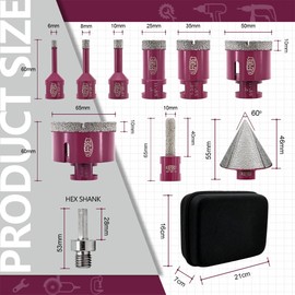 QUEFORET Diamond Drill Bits Set 10pcs - 7pcs 6/8/10/25/35/50/65mm Hole Saw, 10mm Finger Milling Bit, 50mm Beveling Chamfer Bit, 5/8-11 Thread, Adapter for Ceramic Porcelain Tile Marble Granite