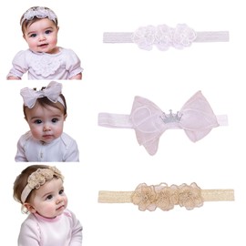 NUOSYI 3PCS Baby Girl Headband with Crown Bow Flower Headbands Soft Hairbands Handmade Hair Accessories for Kids Toddlers Infants Newborn(Mixed, Elastic)