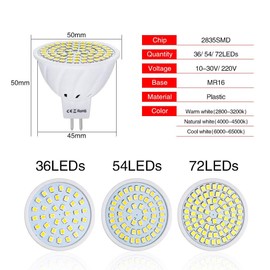 AGIPS Wide Voltage Lights 2pcs/lot LED MR16 Bulb Light 6W 110V 220V DC 12V 2835 SMD 36 54 72 LEDs Diode Spotlight Bombillas Warm/Cold/Natural White Household Bulbs (Color : OneColor, Size : 220V)
