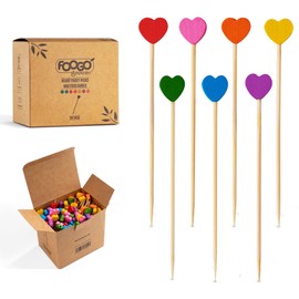 FOOGO Green 150pcs Bamboo Cocktail Sticks 9cm Fancy Multi-Coloured Heart skewers Cocktail Accessories for Drinks Party Food Picks Sturdy Eco-Friendly Wooden Sticks Christmas Tableware