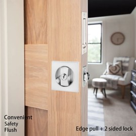 Dontay 2 Pack Pocket Door Lock with Key, Contemporary Entrance Sliding Barn Door Lock Latch, Recessed 2 Sided, 2 3/8" Backset, Flush Handles Hardware (Including Edge Pull, Brushed Nickel, Square)