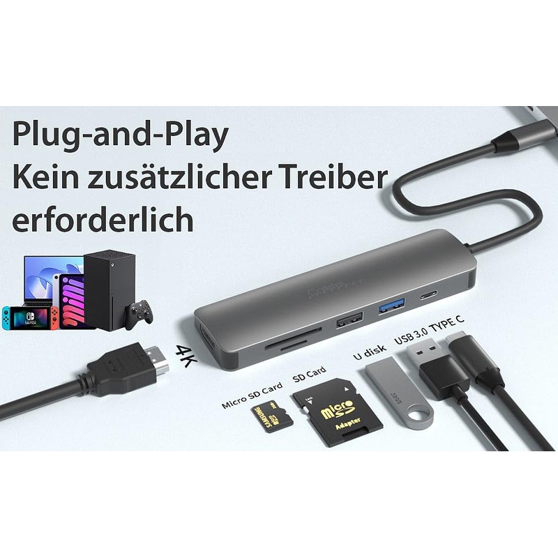 Callstel USB Hub: 6-in-1 Docking Station, 4K HDMI, USB-C, PD