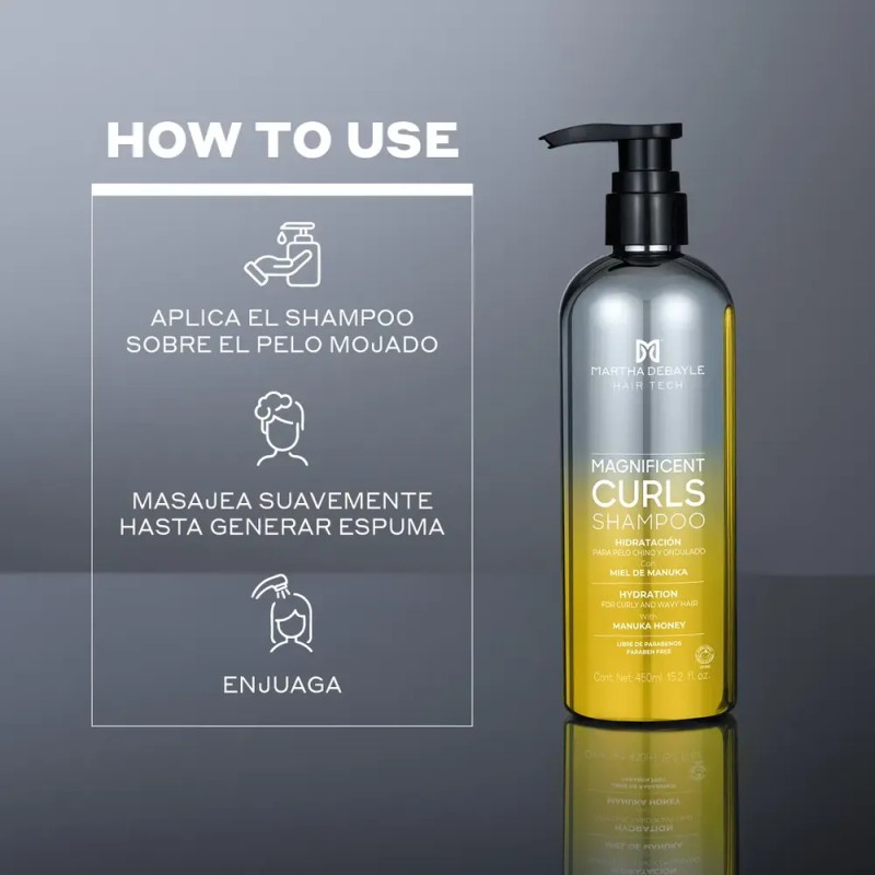 MARTHA DEBYALE HAIR TECH Magnificent Curls Shampoo. Chinos, con Miel
