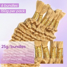 Blonde Human Hair Extensions for Boho Braids Human Hair 150g 18Inch No Weft Deep Wave Bulk Human Hair 6 Bundles/Pack 27#