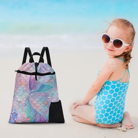 Britown Mermaid Tail Drawstring Backpack, 15” x 17” Waterproof Swim Bag for Beach Swimming Pool, Lightweight Foldable Gym Bag with Water Bottle Holder for Sports Travel