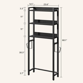 MAHANCRIS Over The Toilet Storage Rack, 3 Tier Bathroom Organizer Over Toilet, Freestanding Space Saver Toilet Stand with 2 Hooks, Bathroom Storage Shelf, Easy to Assemble, Black TSBK6001