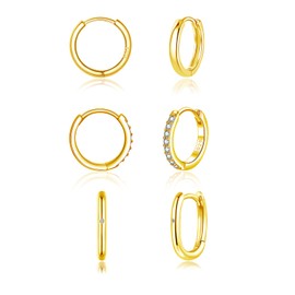 Zolkamery Hoop Earrings for Women, 3 Pairs Gold Oval Huggie Hoop Earrings Set, 925 Sterling Silver Hypoallergenic Sleeper Cartilage Hoops Earring Set, Small Unisex Multi Pierced Earring for Men 11mm