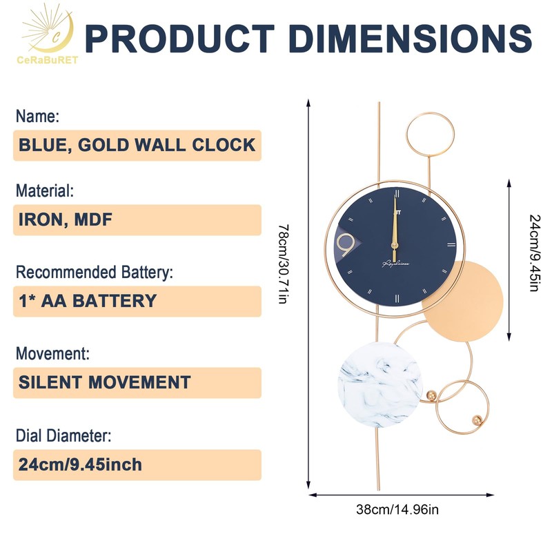 Blue And Gold Wall Clocks W/Hook 30" Large Wall Clock