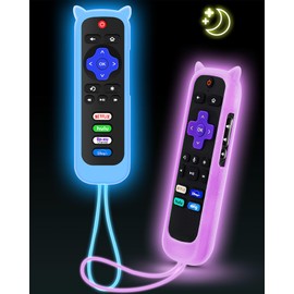 2Pack ONEBOM Cover for Roku Remote with Cat Ears Design, Silicone Skin Case Compatible with Hisense/TCL Roku TV, Steaming Stick/Express, Universal Replacement Controller. Glow in The Dark, Blue/Purple