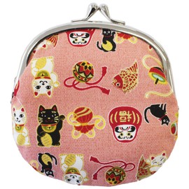 Japanese Traditional Chirimen Gamaguchi Coin Purse/Coin Pouch Manekineko (Beckoning Cat) Daruma Doll Design (Pink)