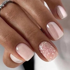 Pink Press on Nails Short Square Fake Nails Pearl White False Nails Press ons with Glitter Designs Acrylic Nails Glossy Full Cover Glue on Nails Artificial Stick on Nails for Women Decorations 24Pcs