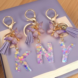 Initial Keyring for Girls Women Pink Purple Snowflake Glitter Crystal Drops Cute Butterflies Decoration School Bag Car Key Bag Pendant Letters, K