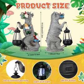 Aurelema Garden Statue Decor with Solar Lantern Dinosaur Eating Gnomes Garden Statues Outdoor Decor 12” Dinosaur Gnomes Garden Statues Gnomes Statues Gardening Gift for Outdoor Patio Yard Decoration