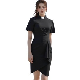 Womens Church Clergy Mass Dress Flare Sleeve Waist Pleated Flower Bud Pencil Dress with Tab Collar