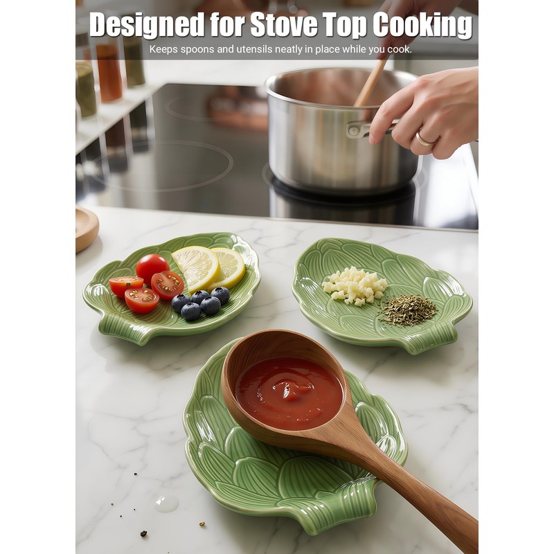 Green Leaf Spoon Rest, Ceramic Utensil Holder for Stove Top