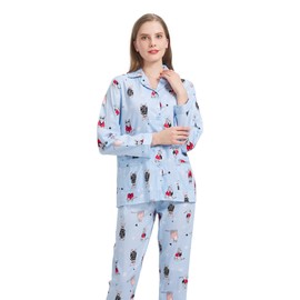 Amaxer Women's 100% Cotton Pajama Set For Women Long Sleeve Soft Button Pajamas Elastic Drawstring PJs, Cute Cat on Blue, Medium