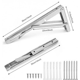MINISOISO Folding Console Heavy Duty 350 mm Shelf Holder Stainless Steel with Screws and Dowels, Wall Mounted Folding Shelf Brackets, Space Saving and Stable, Ideal for Home, Kitchen, Office, Table