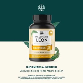 Melena De León Mushrooms Life 360+ 180 Cápsulas A Base de Hongo Melena de León en polvo Sin Sabor Suplemento Alimenticio