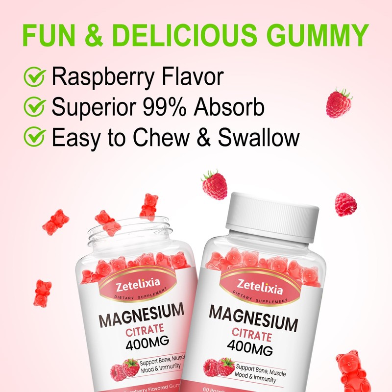 2 Pack Magnesium Citrate Gummies 400MG, High Absorption Magnesium Gummies