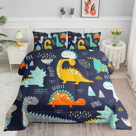Smell Sunshine Cartoon Dinosaur Comforter Set Dark Blue Dinosaur Printed Bedding Set with 1 Comforter and 2 Pillowcases for Boys and Girls Bedroom All Season(Dinosaur Twin)