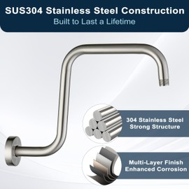 BRIGHT SHOWERS 13 Inch Shower Head Extension Arm with Flange S Shaped High Rise Extender, Long Stainless Steel Rainfall Shower Head Pipe Arm, Brushed Nickel