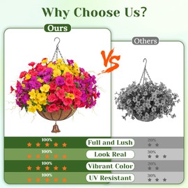 Dolicer Look Real Artificial Hanging Flowers for Outdoors, Realistic Artificial Flowers for Outdoors with Basket UV Resistant Fake Hanging Flowers Plants for Outdoor Porch Deck Patio Balcony Garden