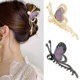 Tihebax Butterfly Hair Claw Clips for Women - 2Pcs Metal Large Butterfly Jaw Clips for Thick Hair with Pearls and Crystals, Strong Hold Non Slip Claws