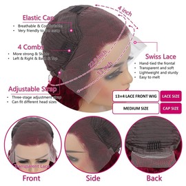 Burgundy Deep Wave Lace Front Wig Human Hair 13x4 HD Transparent Lace Frontal Glueless Wigs for Women 180% Density Deep Curly Wig (18inch)