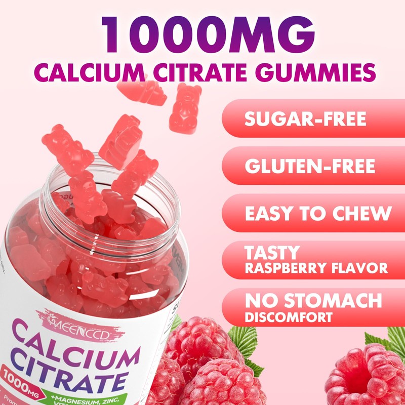 Calcium Citrate Gummies 1000mg w/Vitamin D3, High Absorption Calcium Supplement