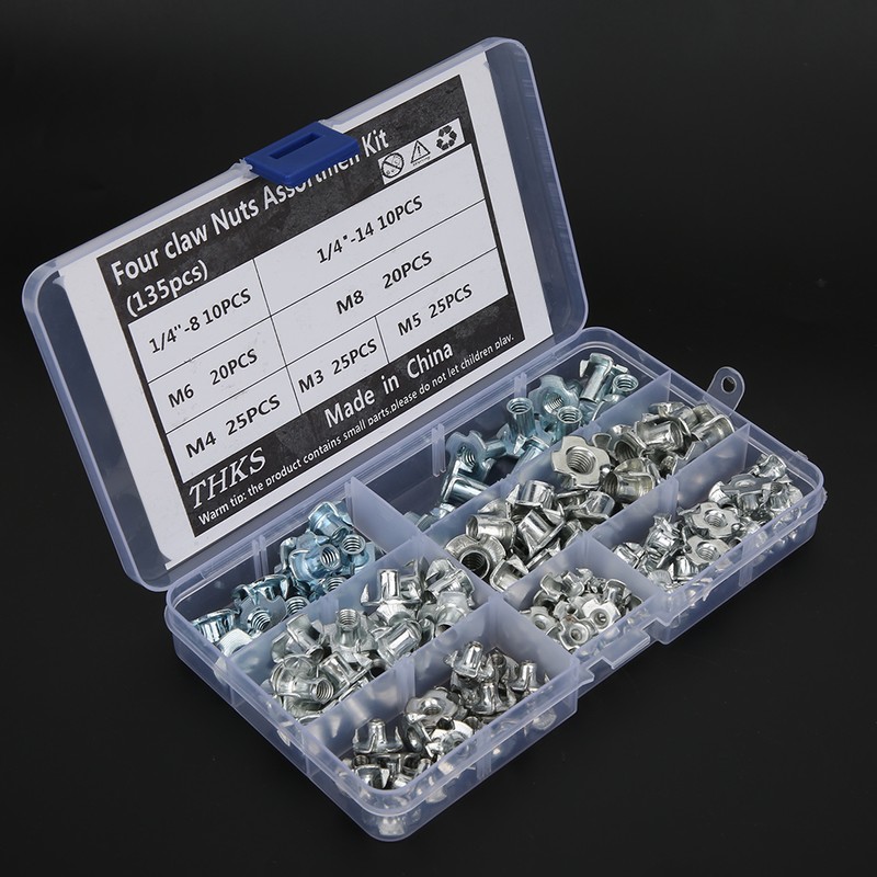 135pcs Carbon Steel Four Claw Nut Assortment Kit for Furniture
