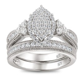 SHELOVES Marquise Shape Vintage Engagement Wedding Rings Set White Round CZ 925 Sterling Silver Sz 5.5