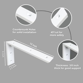 Countertop Support Bracket 2 Pack 12 inch Heavy Duty 3/8" Thick White Granite Countertop Bracket 12"x6"x2.5" Shelf L Bracket Mantel Corbels for Quartz/Granite/Wood/Concret/Laminate Countertops