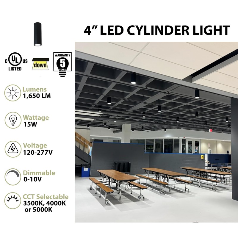 WareLight 4" LED Architectural Cylinder Light Fixture, 1650 Lumens, 15W,