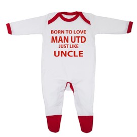 "Man Utd Baby Sleepsuit - 'Born To Love Man Utd Just Like Uncle- Soft 100% Combed Cotton Football-Themed Baby Sleepsuit for Football Fans" (6-9 Months, White/Red Trim)