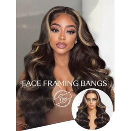 UNICE Chocolate Brown with Blonde 7x5 Lace Front Wigs Human Hair Body Wave with Face Framing Bangs Pre Everything Bye Bye Knots Glueless Wig Human Hair Pre Plucked Pre Cut Natural Hairline 18 inch