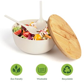 ShineMe Large Salad Bowl with Lid, Bamboo Fiber Salad Serving Bowl Set with Utensils, 9.8inches Mixing Bowl with Servers, Solid Bamboo Wooden Bowl for Salad, Fruits, Vegetables and Pasta(White)