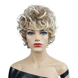 Peluca corta rubia, pelucas peludas con flequillo, peluca sintética en capas, peluca de ondas naturales para mujeres para uso diario (mezcla de rubio 