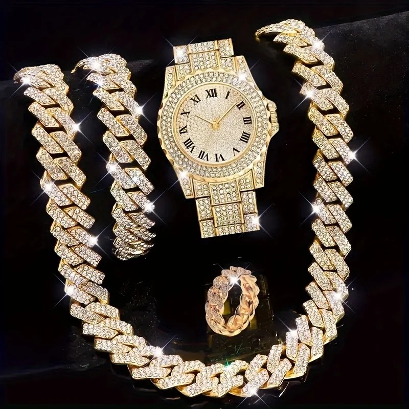 4pcs, Men's Rhinestone Bracelet Set, Ring Set, Men's Watch Gift