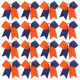 chiduerm 16Pcs Cheerleading Bows 8 Inch Large Cheer Hair Bows Grosgrain Ribbon Elastic Bands Handmade Ponytail Holder for Cheerleading Girls School College Sports (Navy Orange)